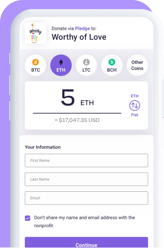 Crypto donation form on mobile